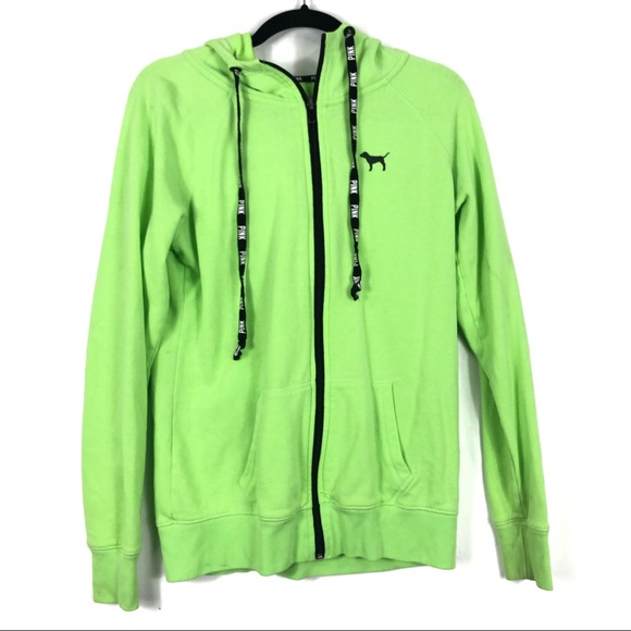 PINK Victoria's Secret Sweaters - VICTORIA SECRET PINK neon green zip up hooded jacket D4